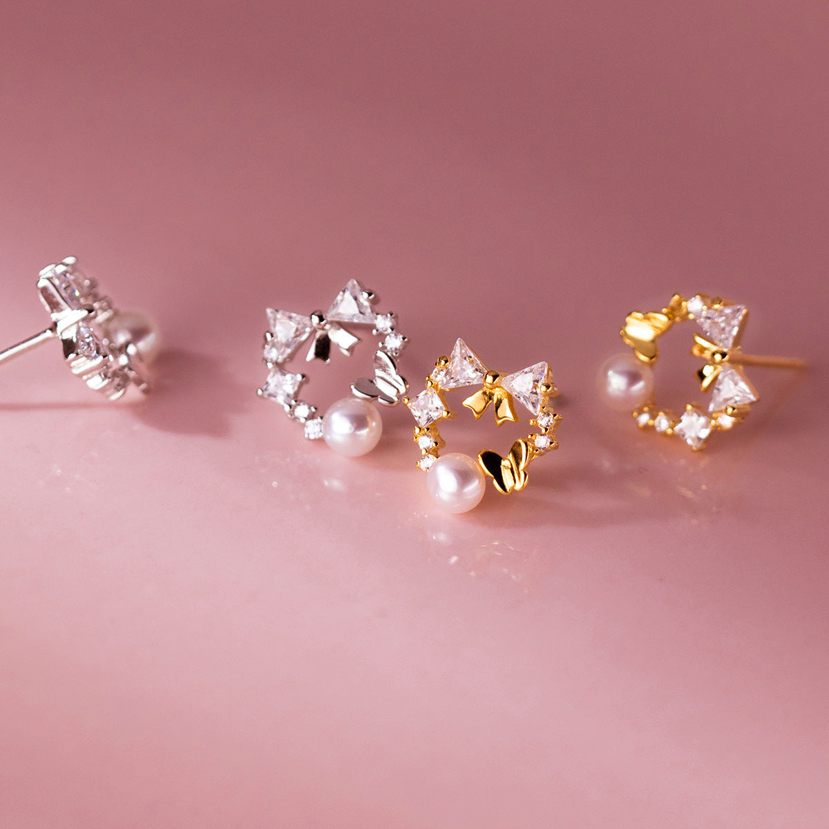 Sier Young Heart Diamond Bow Pearl Earrings