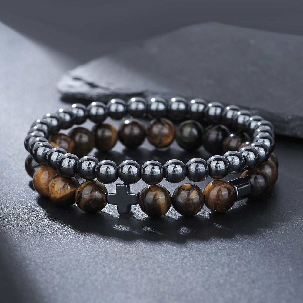 Men's Beaded Suit Map Stone Haematite Cross Bracelets