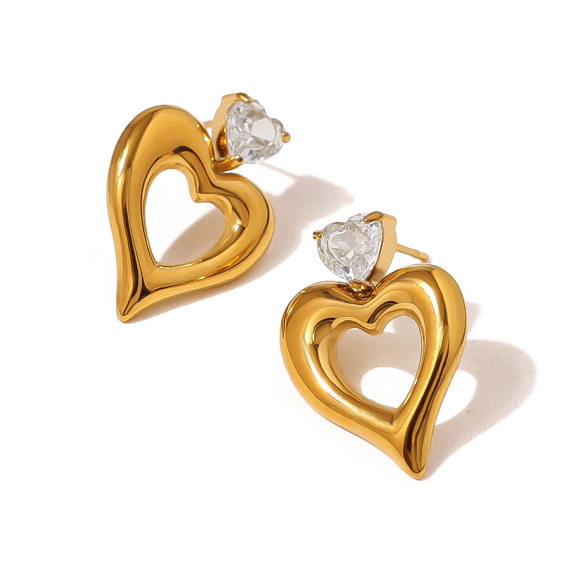 Women's Steel Hollow Diamond Double Heart Simple Glossy Earrings
