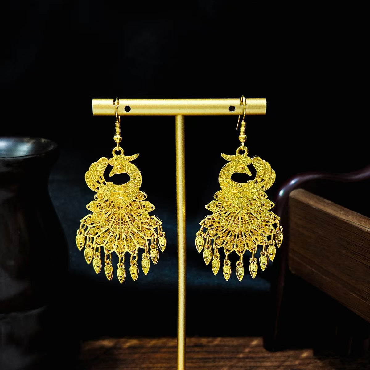 Golden Bell Tassel Bohemian Leaf National Earrings