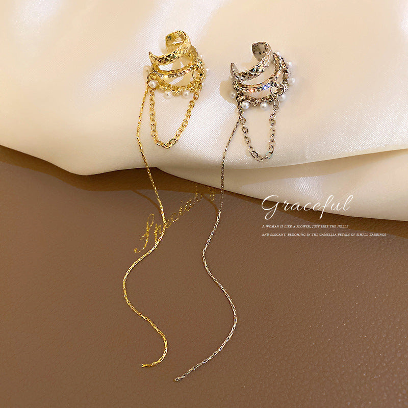 Tassel Rhinestone Pearl Ear Clip No Pierced Female Earrings