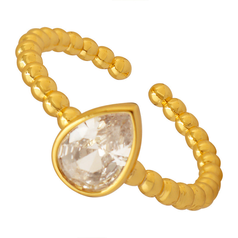 Brass Inlaid Water Drop Rhinestone Open Rings