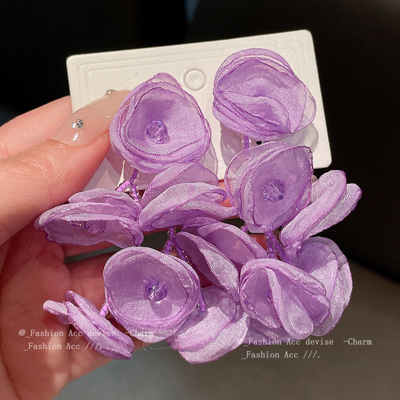 Women's Sier Needle Crystal Flowers Long Mori Earrings