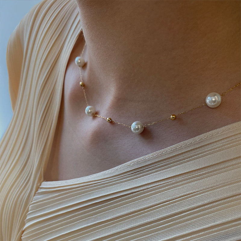 Strong Light Pearl Golden Balls Design Titanium Steel Female Necklaces