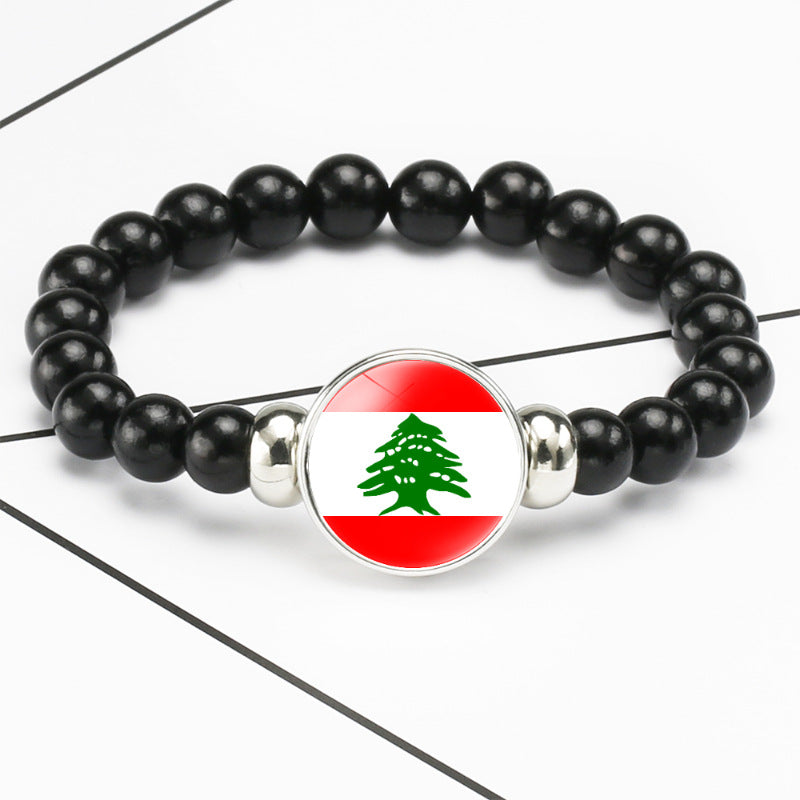 Flag Pattern Time Stone Black Elastic String Beads Bracelets