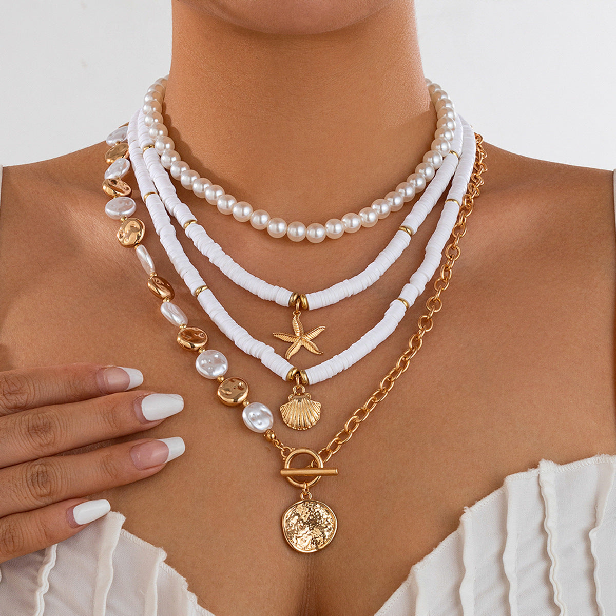 Women's Beach Polymer Clay Imitation Pearl Twin Gravel Irregular Shell Necklaces
