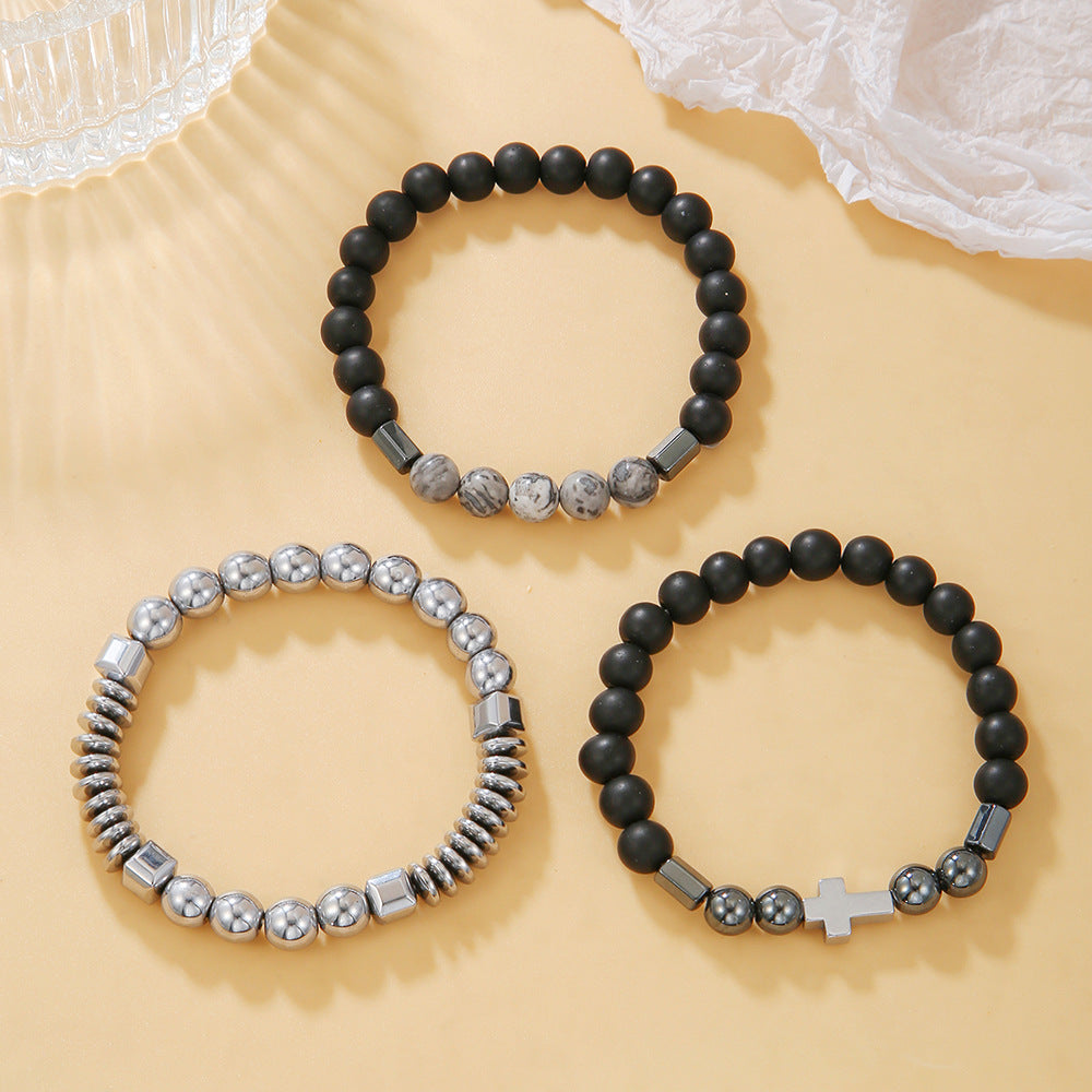 Men's Beaded Suit Map Stone Haematite Cross Bracelets