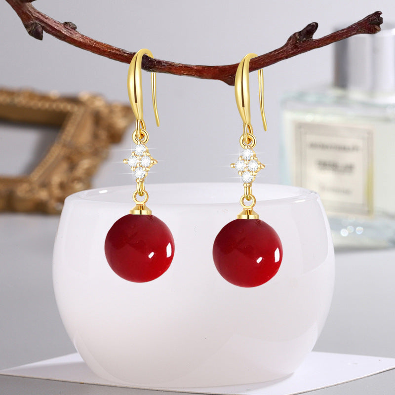 Inlaid Zircon Matte Red Round Beads Earrings