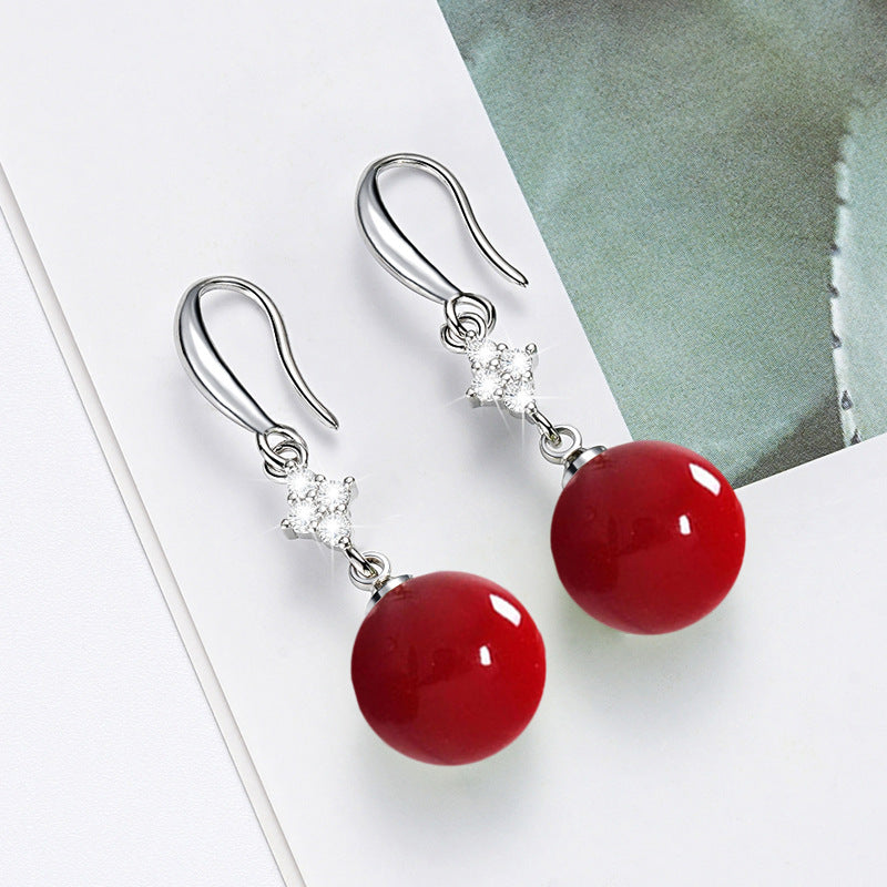 Inlaid Zircon Matte Red Round Beads Earrings