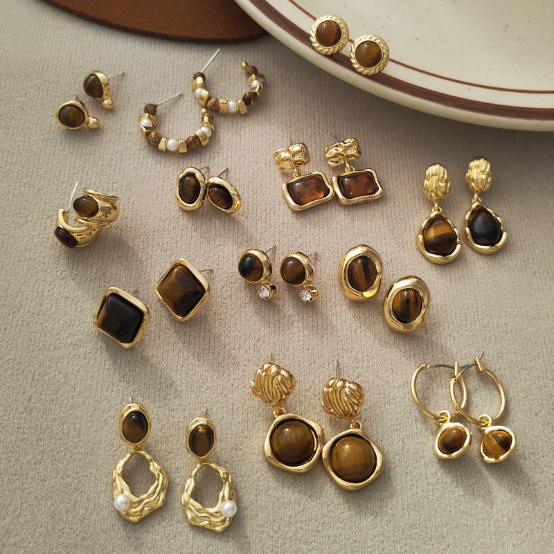 Retro Tigereye Personalized Minority Irregular Ear Earrings