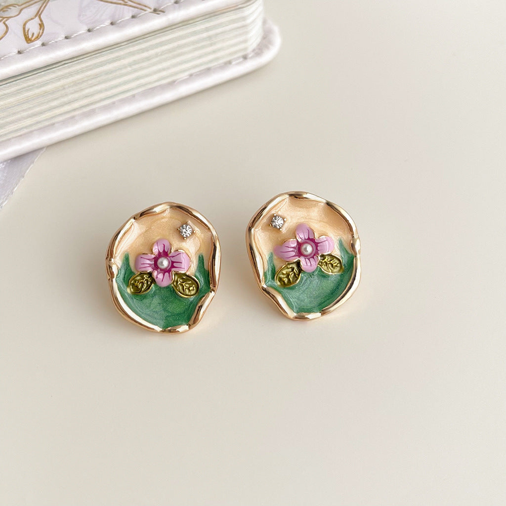 Women's Handmade Painted Glaze Flowers French Retro High-grade National Earrings