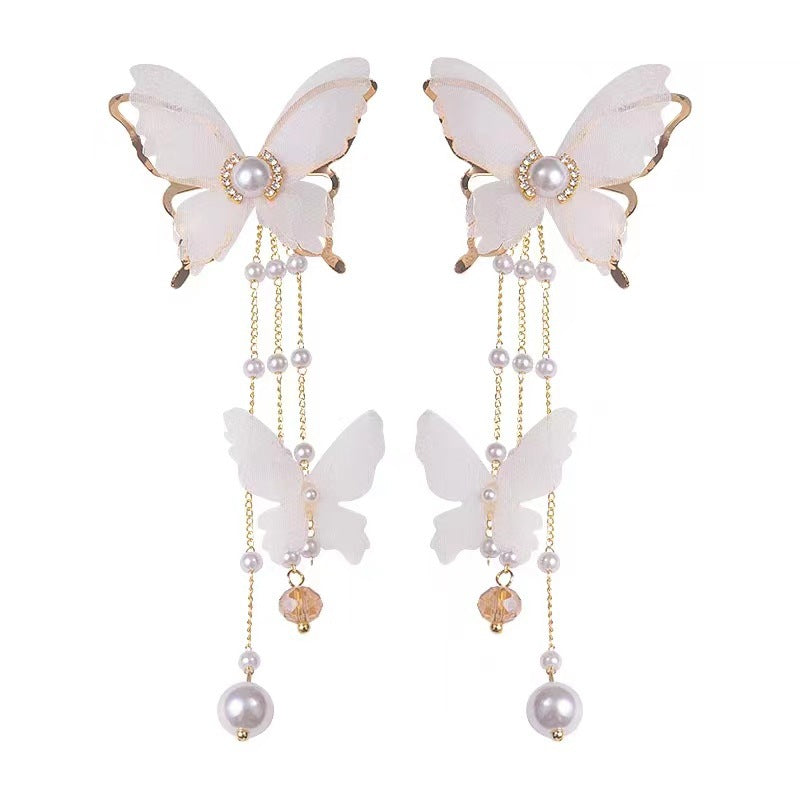 Lace Pearl Rhinestone Super Fairy Butterfly Tassel Earrings