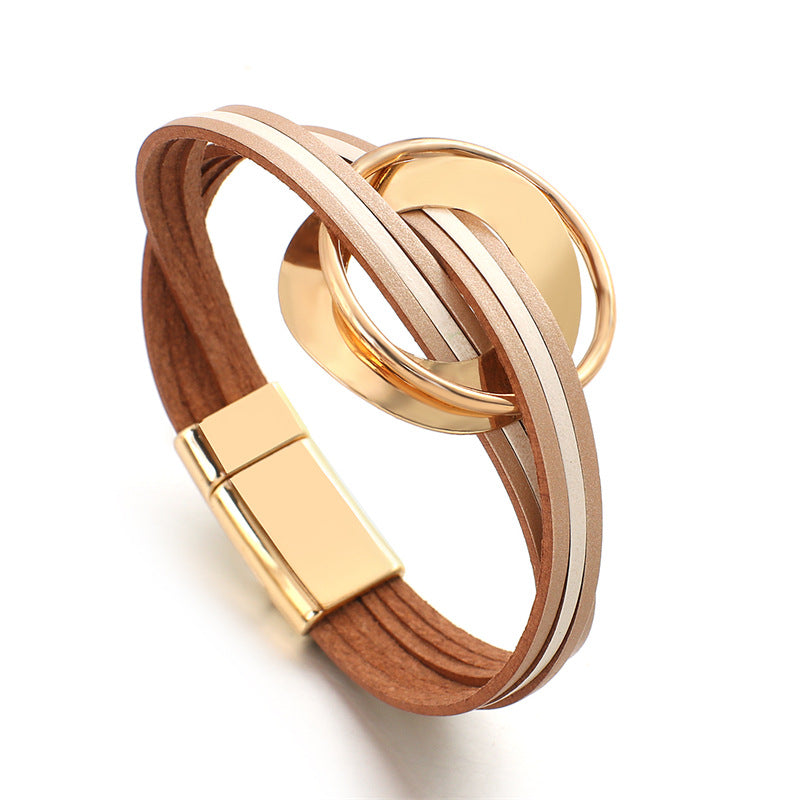 Women's Bohemian Cross Leather Cuff Metal Double Bracelets