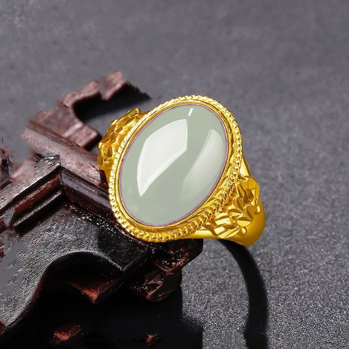 Gold Inlaid Natural Agate Jade Green Chalcedony Retro Fashion With Rings