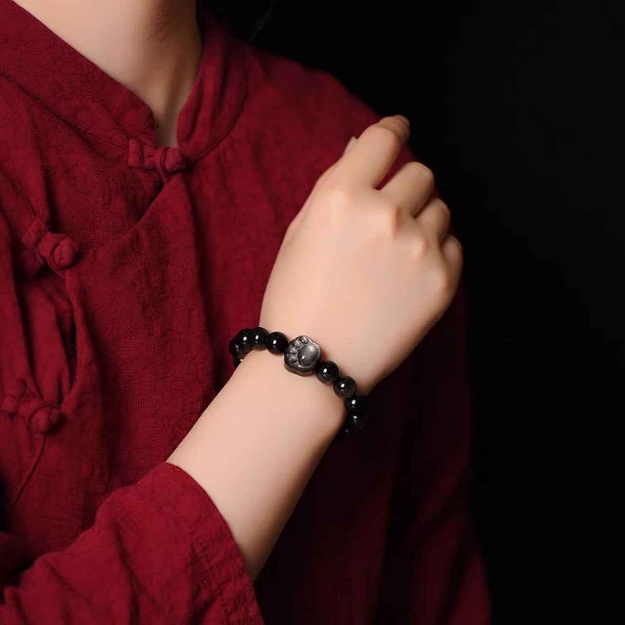 Women's Sier Stone Cat Head Obsidian For Bracelets