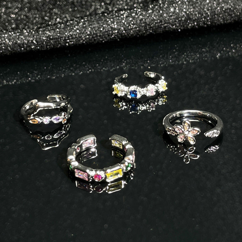 Colorful Crystals Zircon Light Luxury Open Female Design Rings