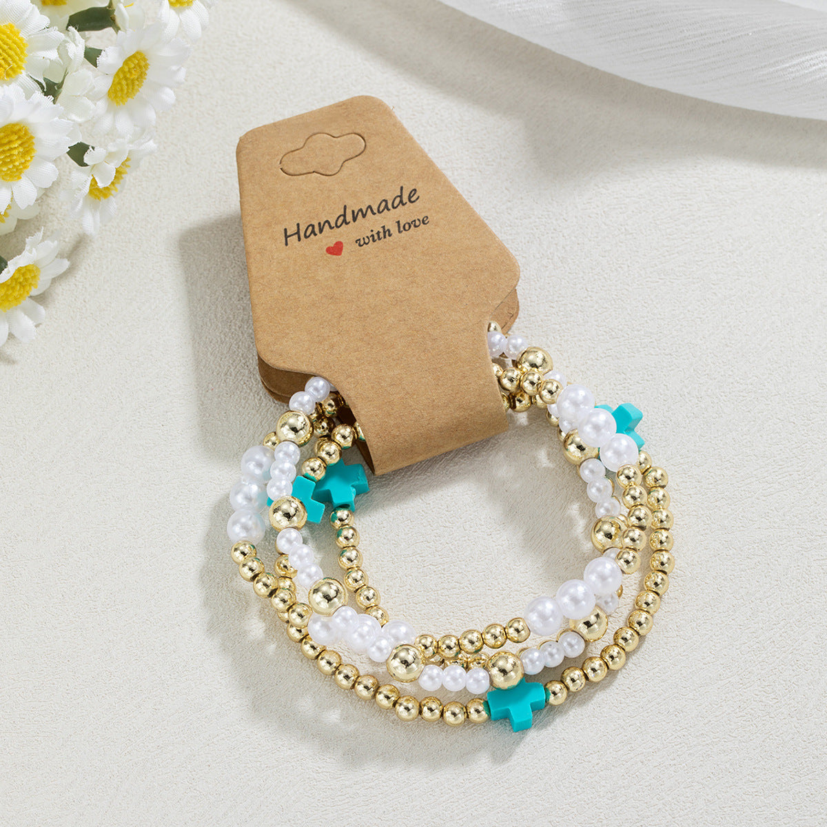 Women's Style Resin Cross Stringed Pearls Elastic Bracelets