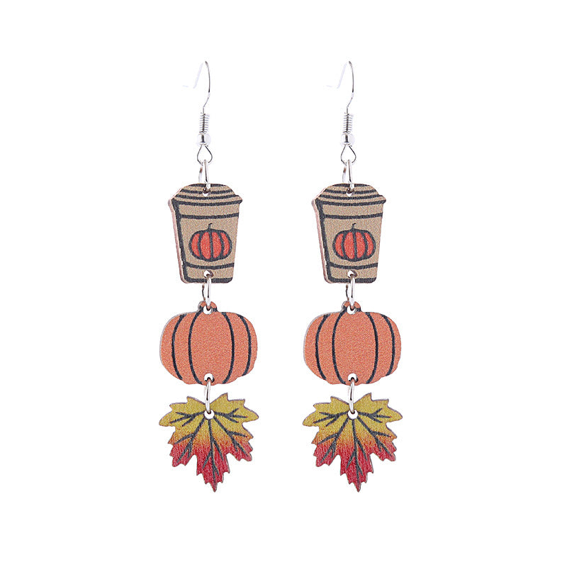 Thanksgiving Wooden Colorful Maple Leaf Three-color Earrings