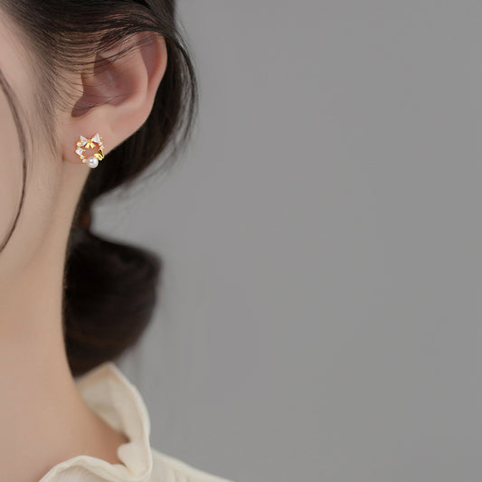 Sier Young Heart Diamond Bow Pearl Earrings
