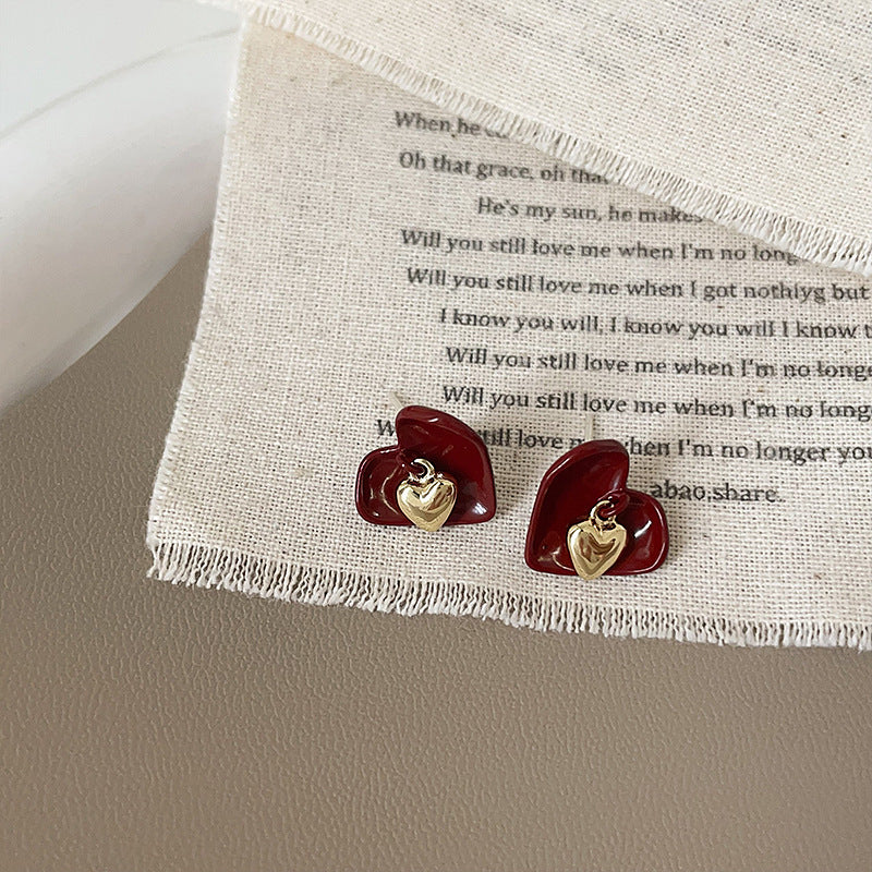 Niche Design Dripping Oil Love Heart Earrings