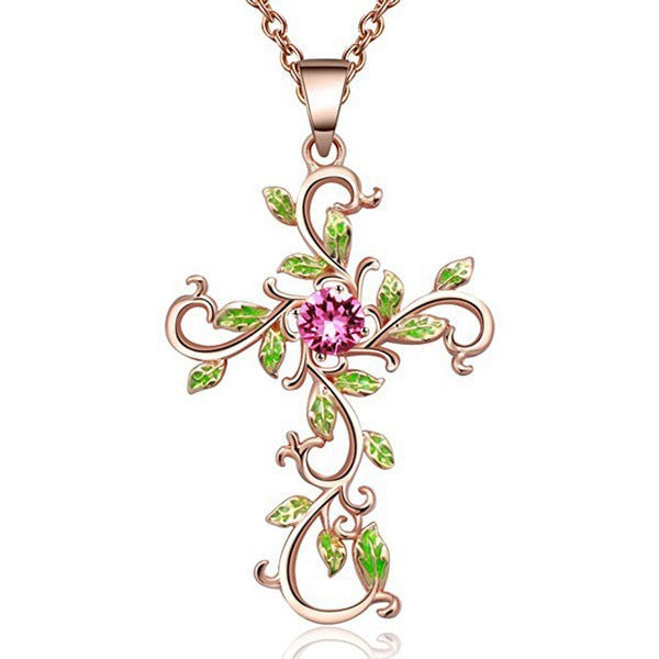 Women's Carlyle Creative Leaf Winding Cross Diamond Necklaces
