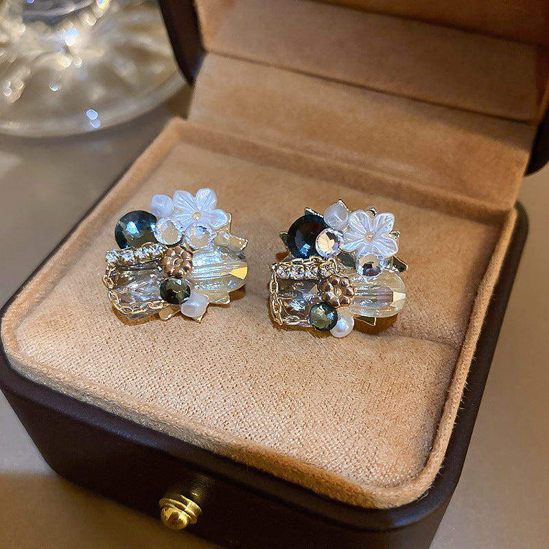 Women's Sier Needle Pearl Diamond Crystal Flower Rings