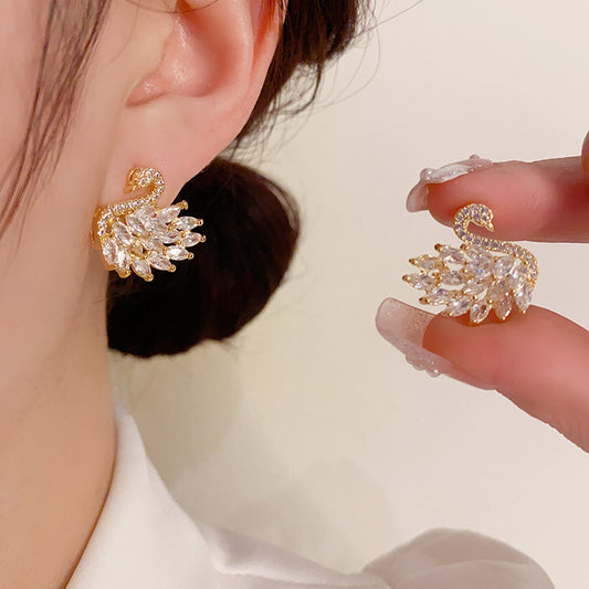 Light Luxury Full Zirconium Swan Sier Needle Earrings