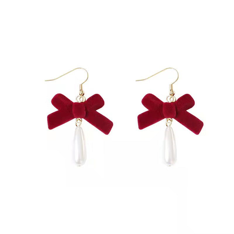 Court Veet Wine Red Bow Water Drop Pearl Girly Rings