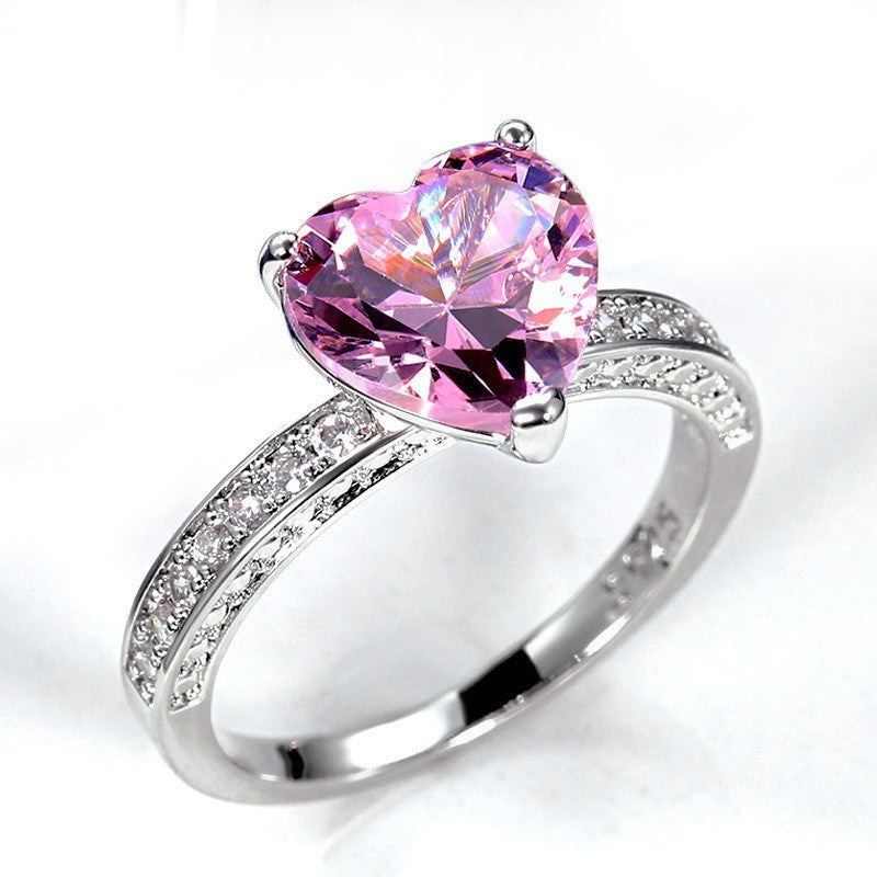 Women's Wedding Inlaid Heart-shaped Pink Diamond Zircon Rings