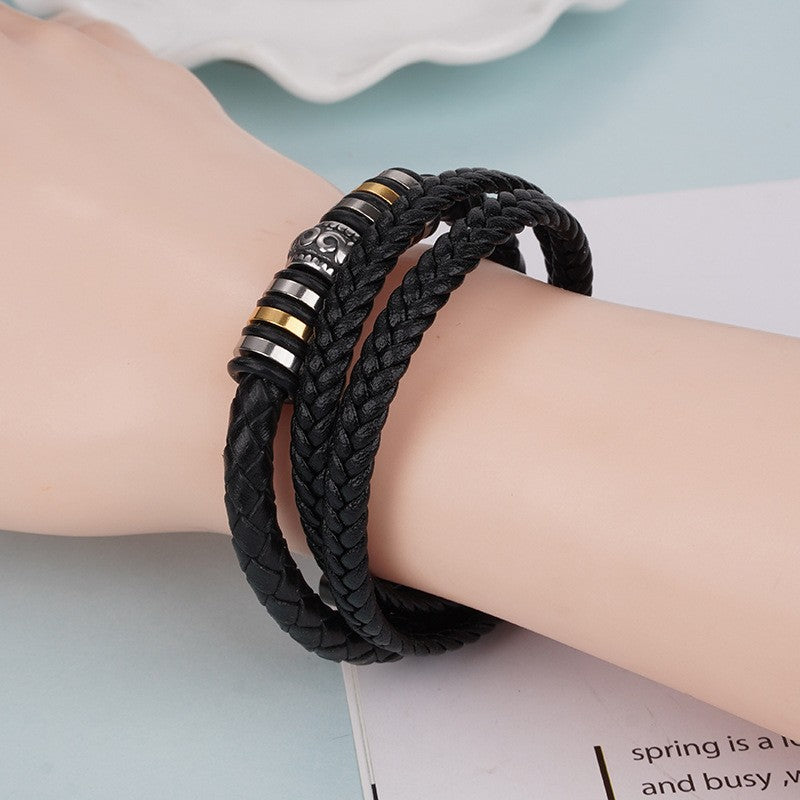 Men's Steel Leather Titanium Magnetic Snap Ethnic Bracelets