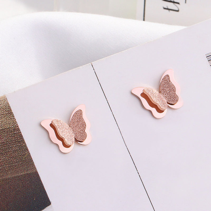 Frosted Butterfly Korean Fashion Rose Gold Plated Earrings