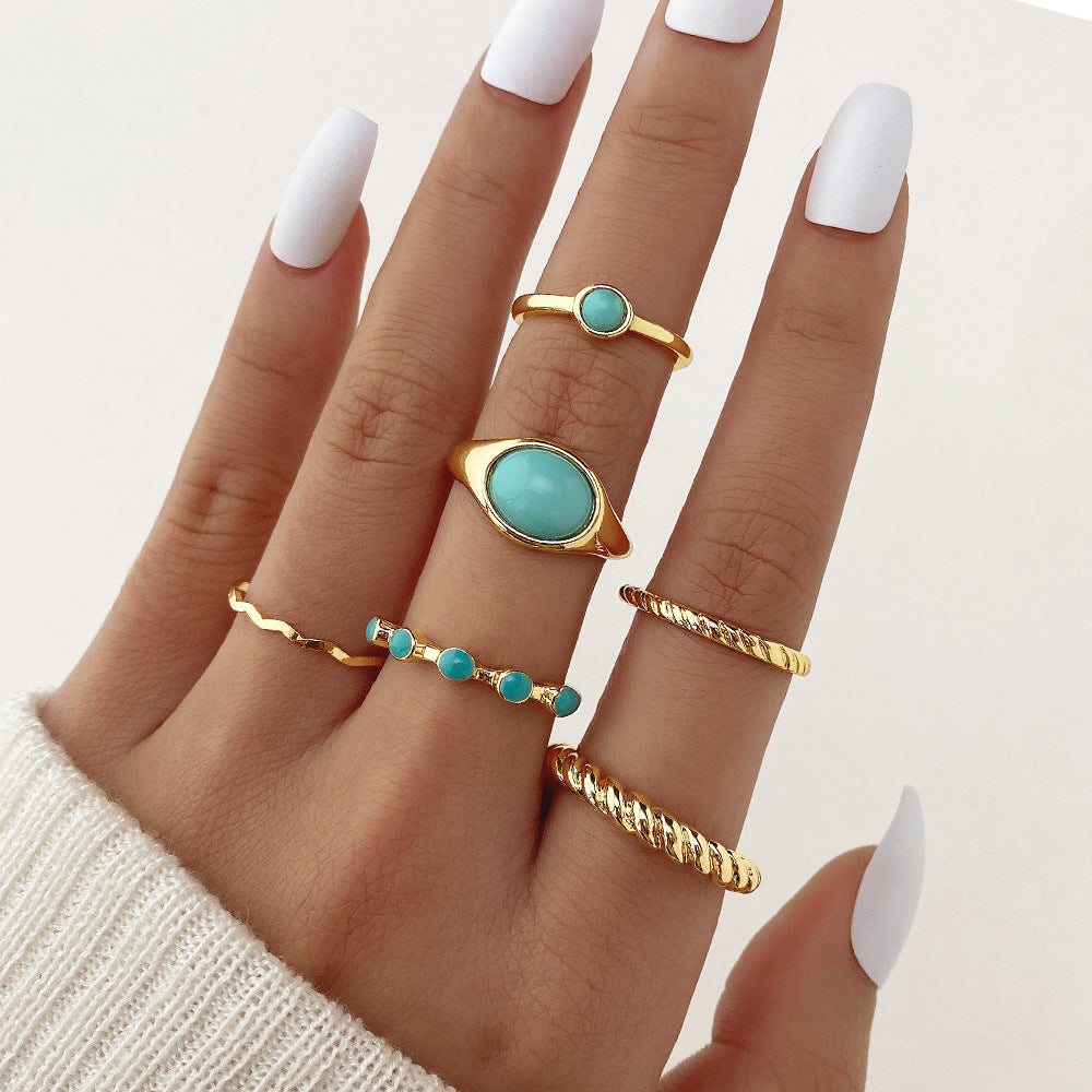 Women's Turquoise Twist Gold Wave Knuckle Rings