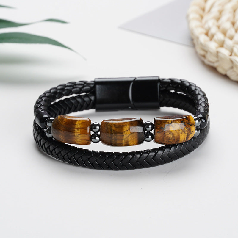 Woven Double Layer Tigereye Head Cattlehide Bracelets
