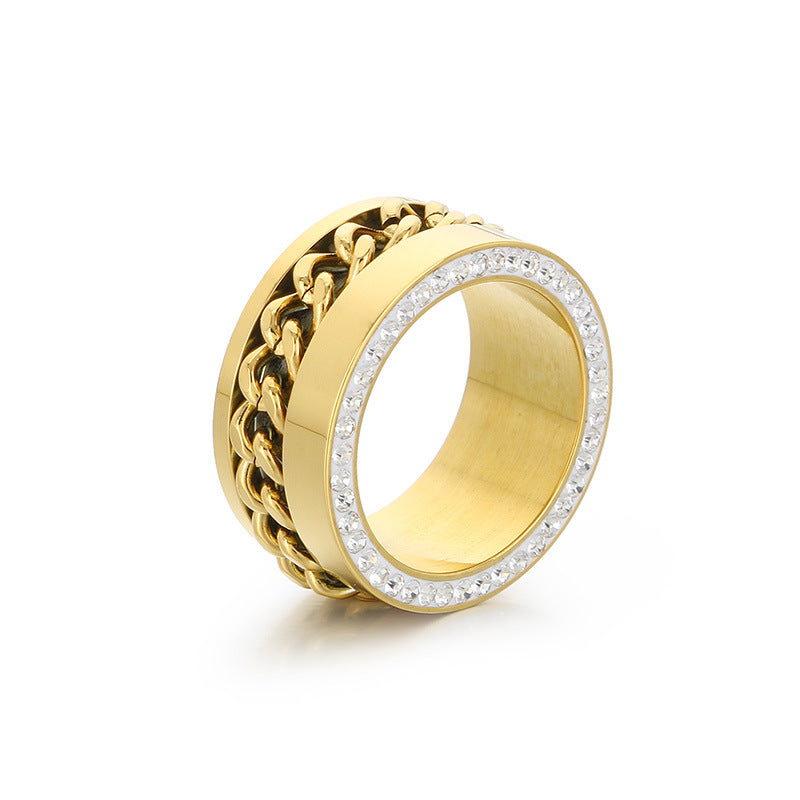 Women's & Men's Hop Side Rhinestone Chain Elegant Golden Wide Rings