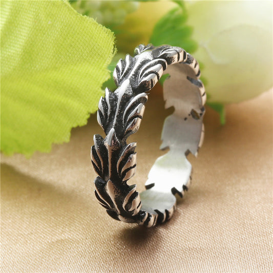 Men's Titanium Steel Feather Retro Trendy Personality Punk Rings