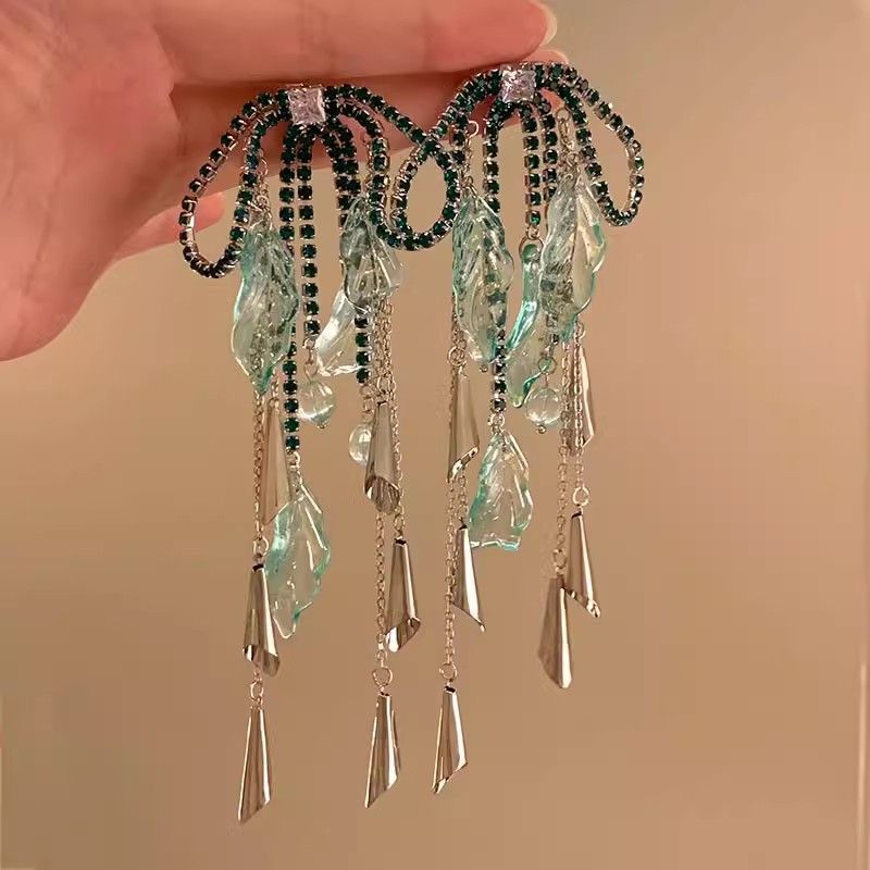 Women's Fashion Rhinestone Chain Tassel Exaggerated Design Earrings