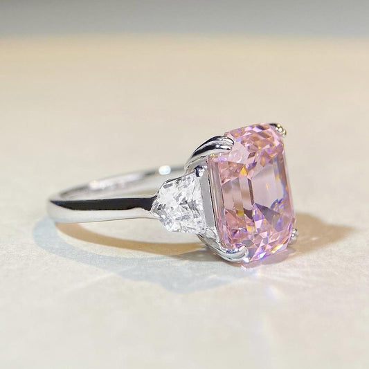 Women's Pink Zircon High Carbon Diamond Emerald Cut Rings
