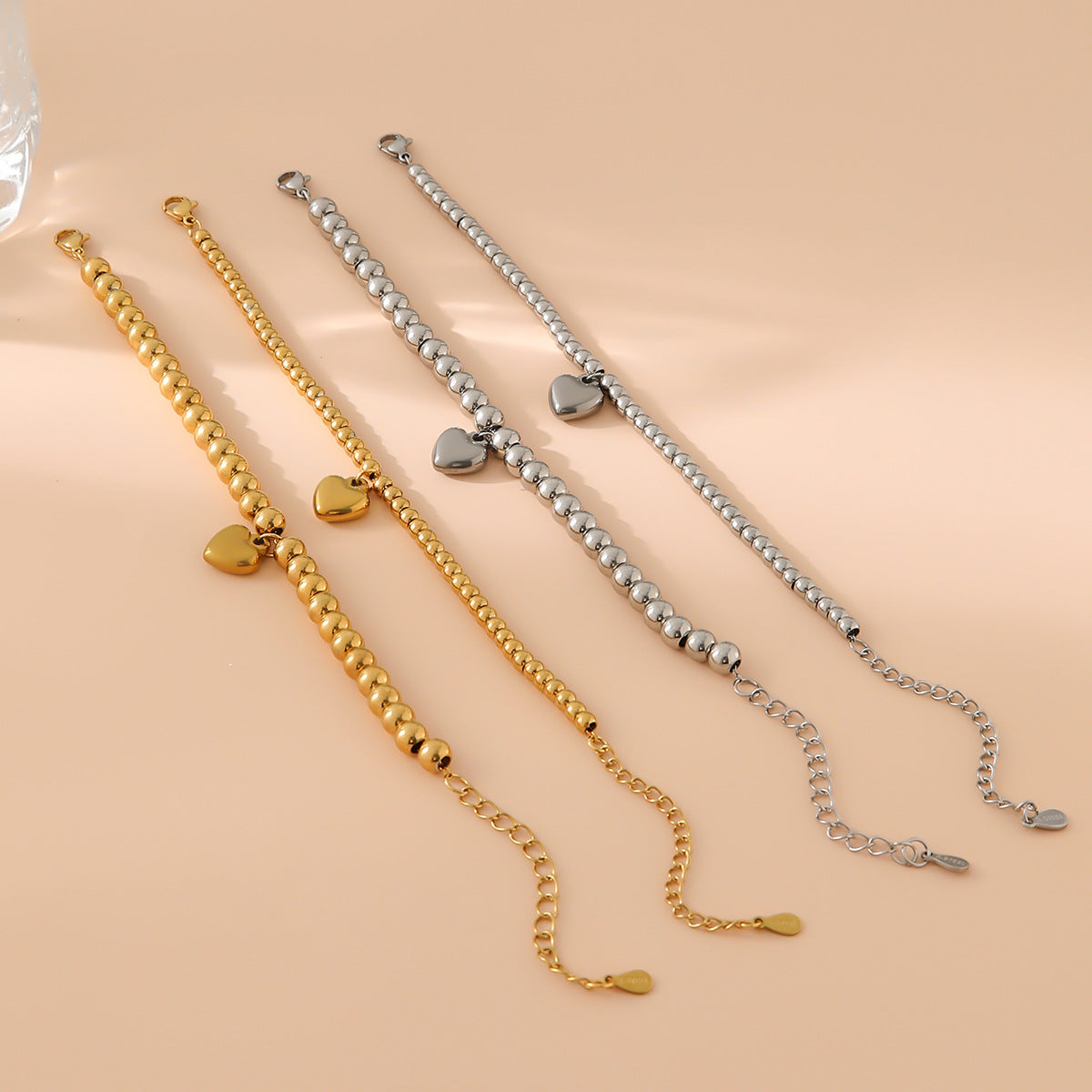 Women's Steel Heart Round Beads Gold Beaded Bracelets