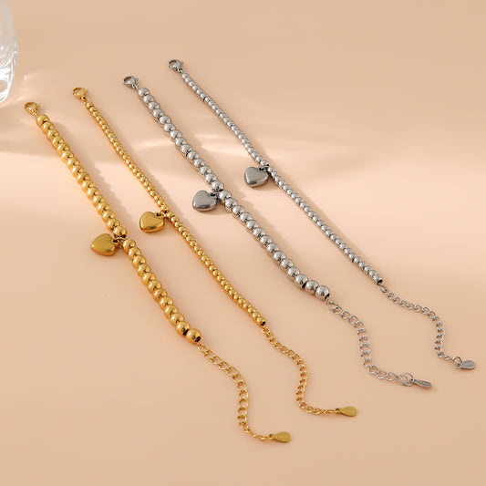 Women's Steel Heart Round Beads Gold Beaded Bracelets