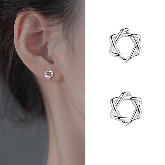 Sier Three-dimensional Hollow Hexagram Style Sweet Earrings