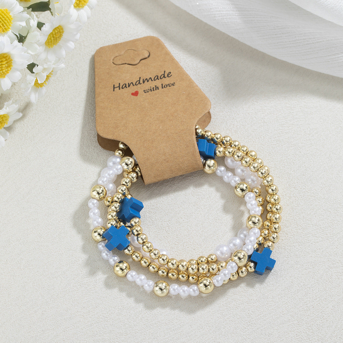Women's Style Resin Cross Stringed Pearls Elastic Bracelets