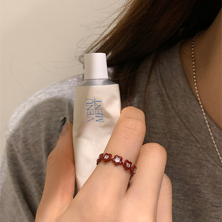 Retro Red Glaze Flower Cherry Minority Design Sense Rings