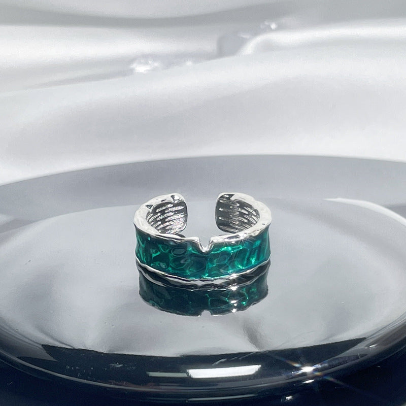 Women's Retro Green Zircon Drip Glazed Temperamental Cold Rings