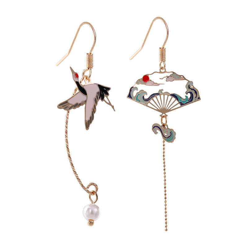 Fan Asymmetric Long Tassel Imitation Pearl Painting Earrings
