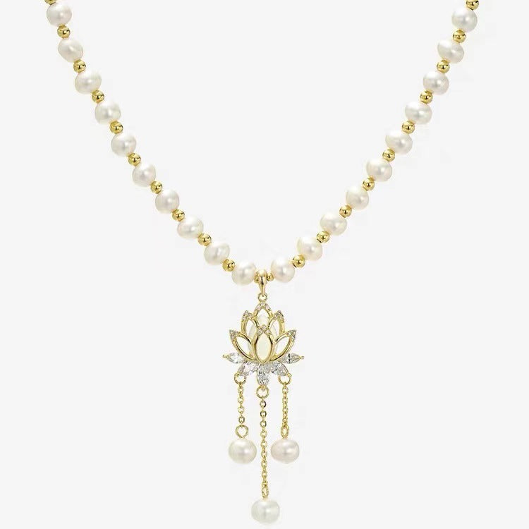 Women's National Style Step Lotus Pearl Light Necklaces