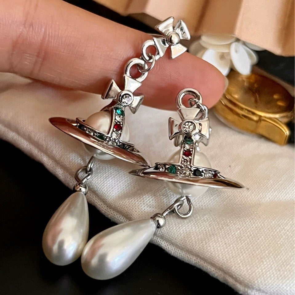 Women's Flying Saucer Engraved Saturn Gold Sier Earrings