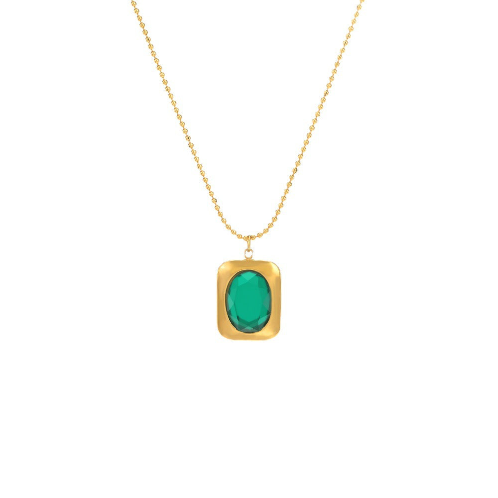 French Retro Emerald Stainless Steel Popular Geometric Fritillary Inlaid Necklaces