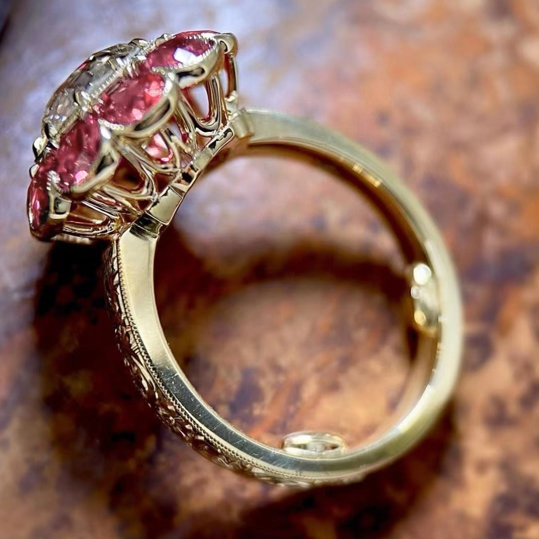 Women's Handmade Diamond Gold-plated Inlaid Ruby Hand Rings