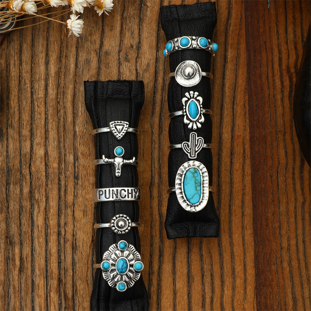 Vintage Boho Turquoise Cactus Carved Multiple Rings