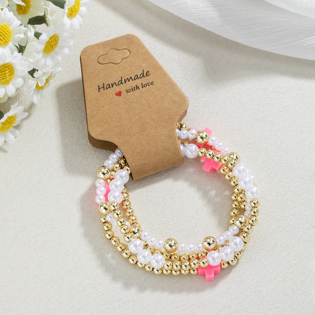 Women's Style Resin Cross Stringed Pearls Elastic Bracelets